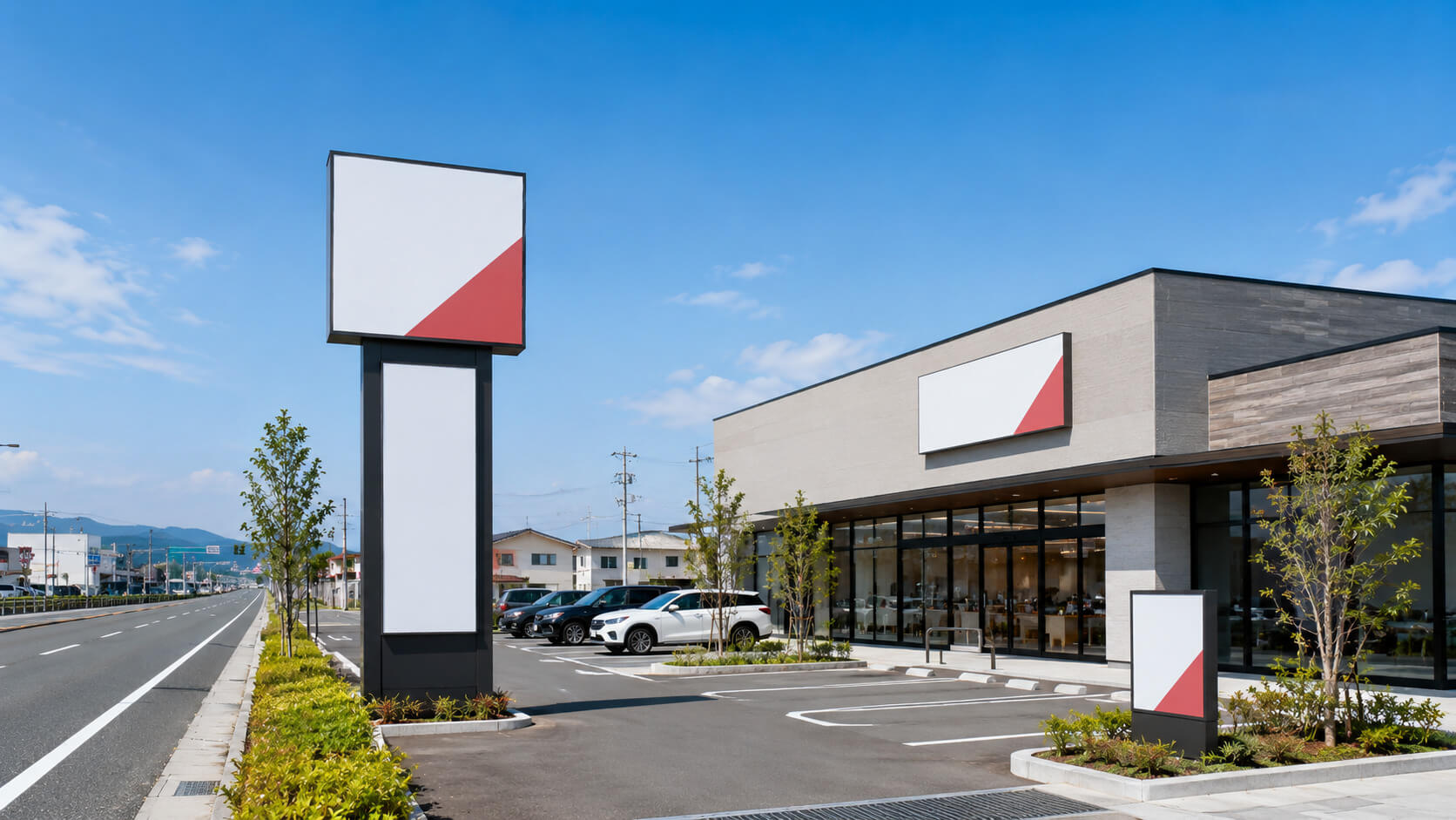 自立看板と店舗正面看板を組み合わせたロードサイド店舗