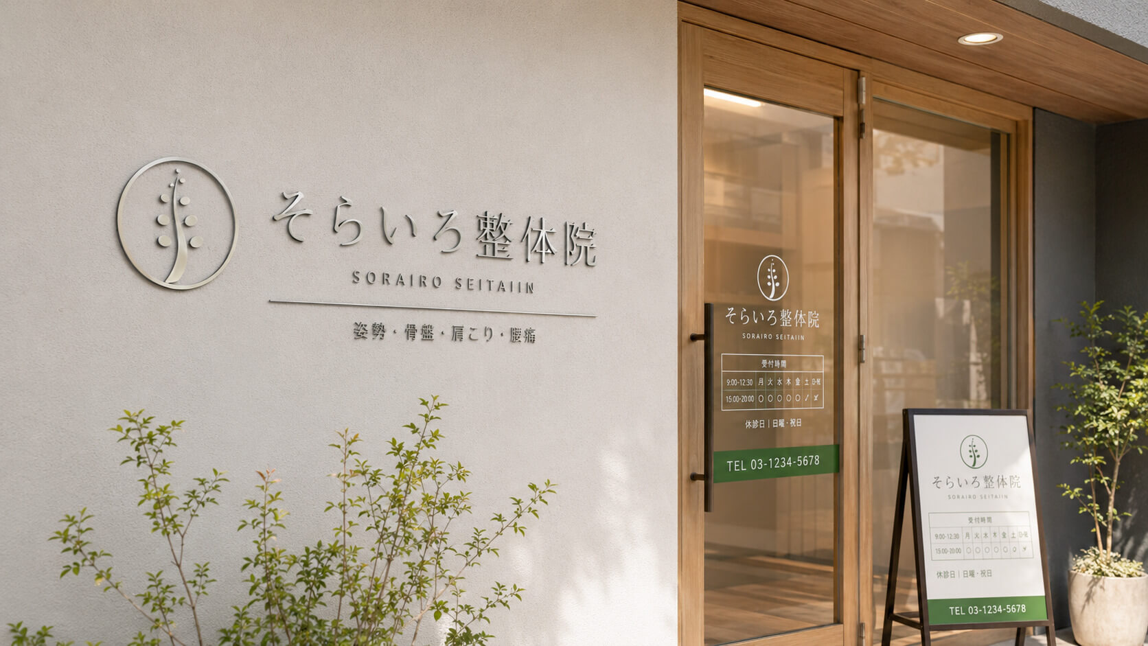 ステンレス切文字を使った整体院の入口看板デザイン例