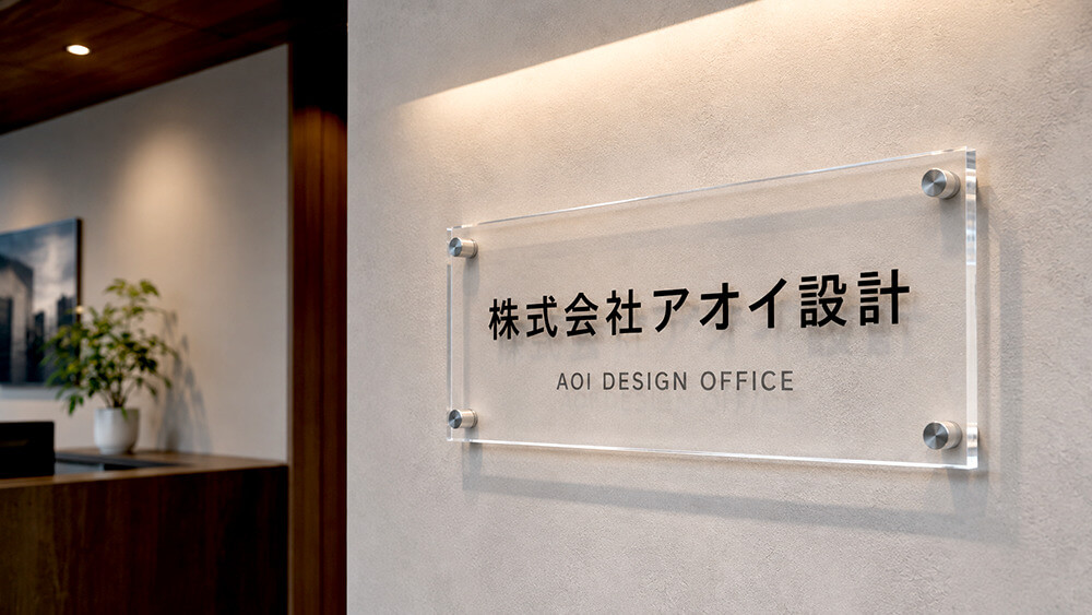 オフィスエントランスに設置されたアクリル製の社名サイン