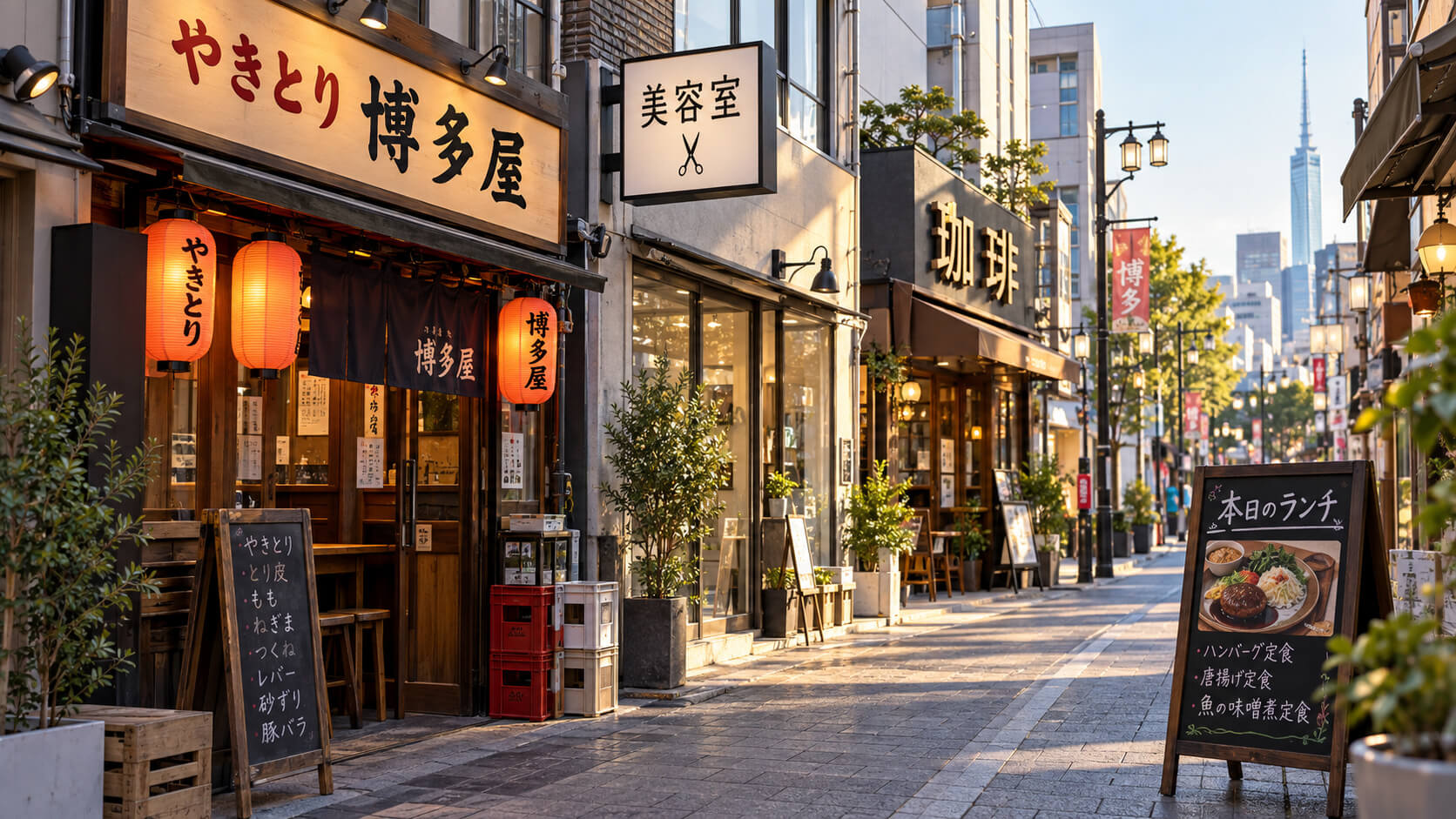 福岡の商店街に並ぶ店舗の看板