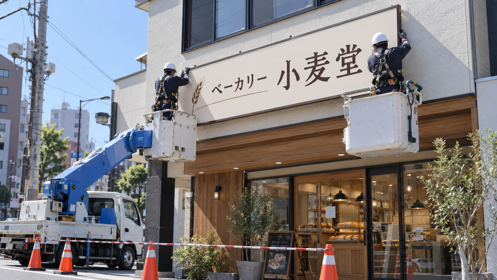 高所作業車に乗った職人が店舗の外壁に看板を取り付けている様子