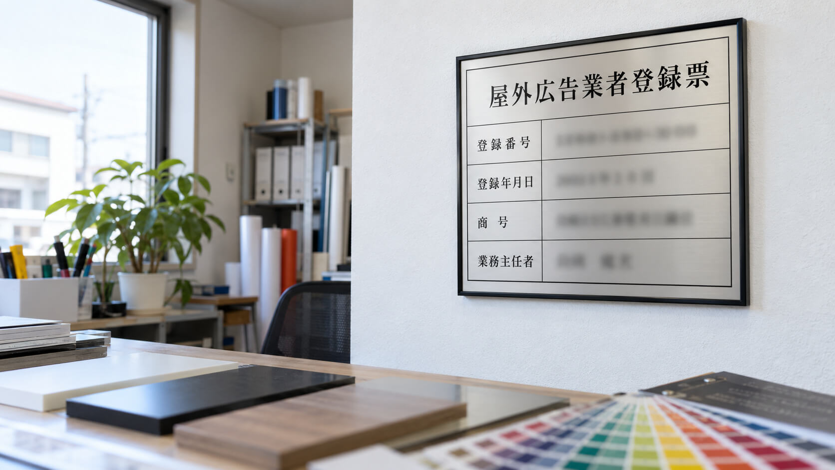 看板会社の事務所の壁に掲げられた屋外広告業の登録票