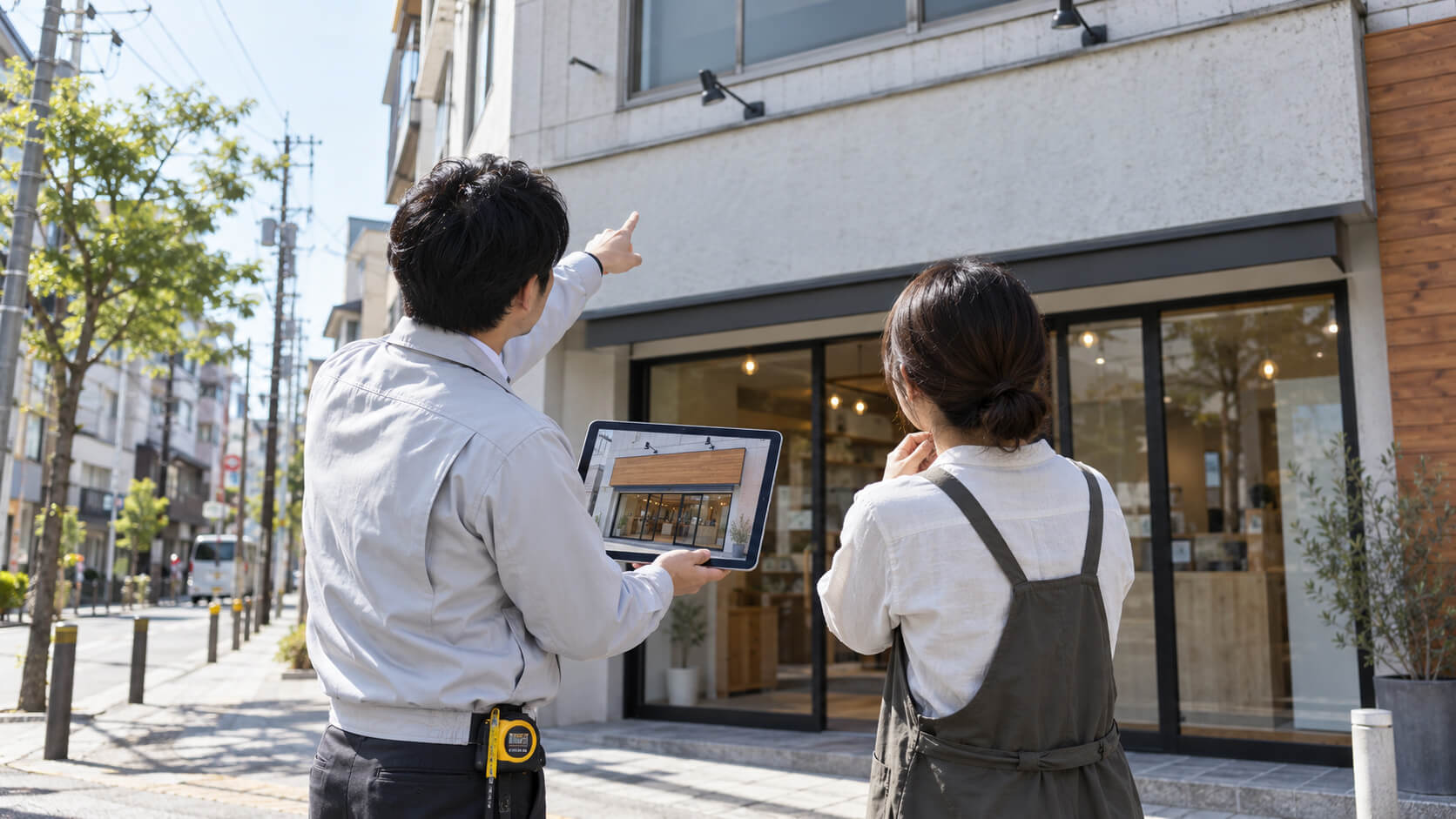 看板の担当者と店舗のオーナーが店の前で看板の位置を確認している様子