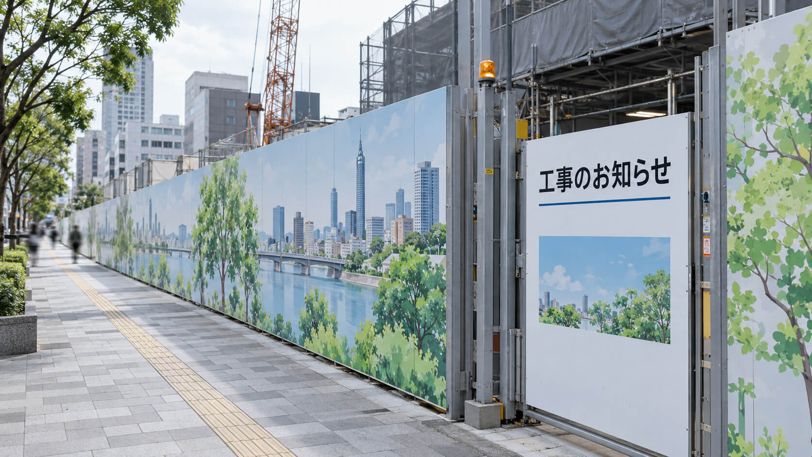 福岡の市街地で装飾シートを貼った仮囲いが歩道に沿って続いている様子