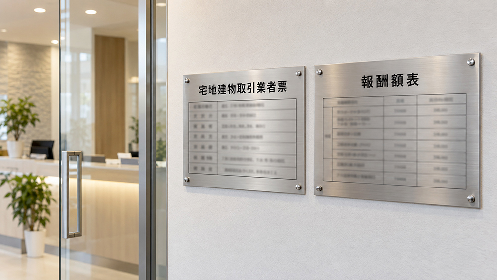 事務所の入口に並べて掲示された宅地建物取引業者票と報酬額表