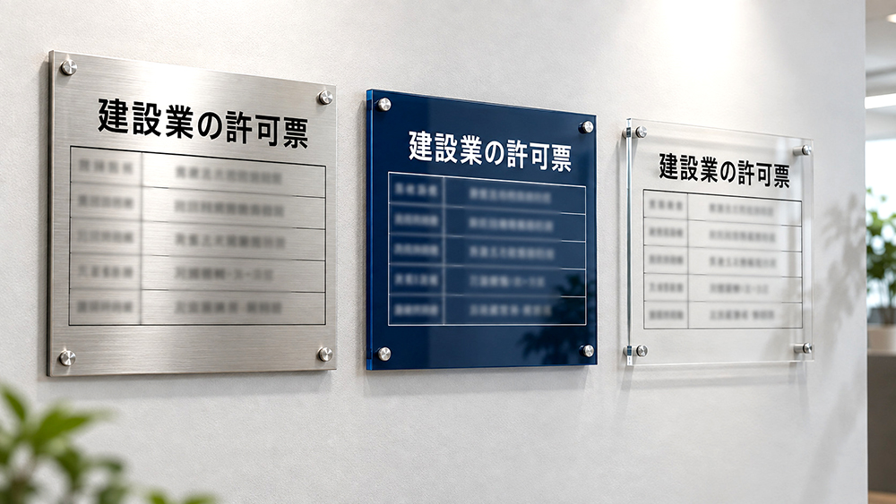 ステンレス調アルミ複合板、紺色のアクリル、透明アクリルで作った建設業の許可票を並べた比較