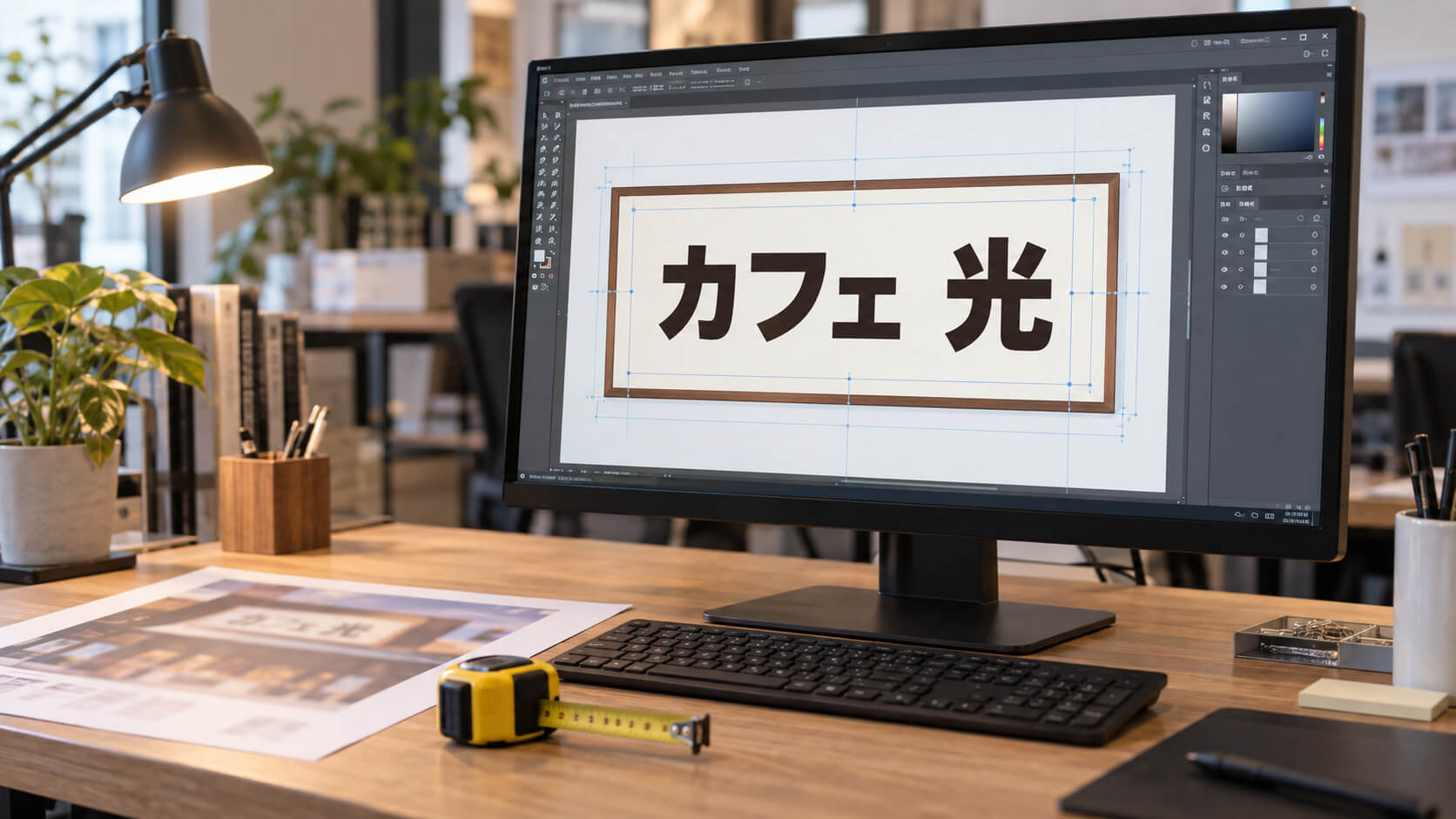 看板のデザインデータをパソコンの画面で確認している様子