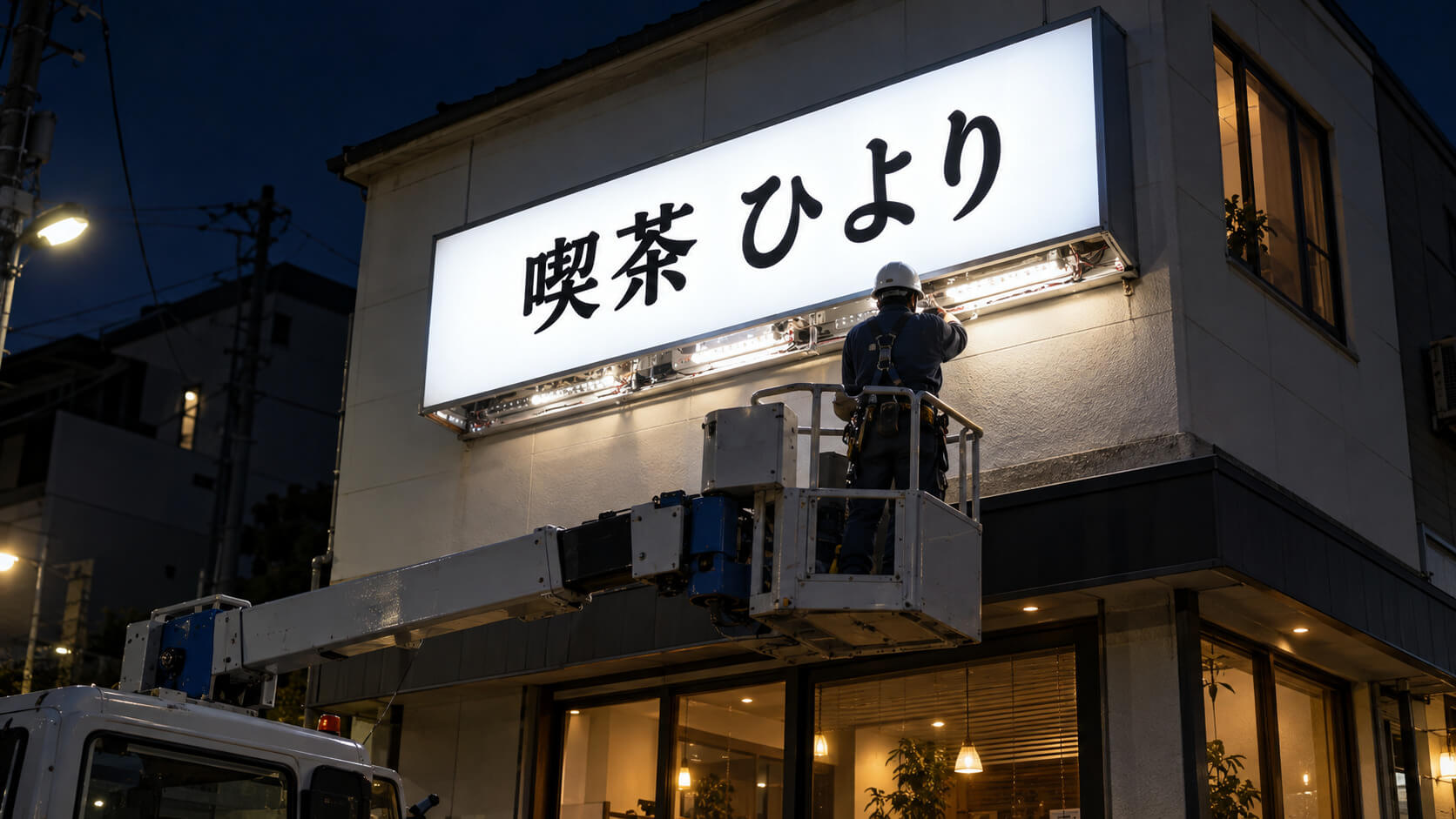 夜に点灯する内照式のファサード看板と、内部の照明を交換する作業