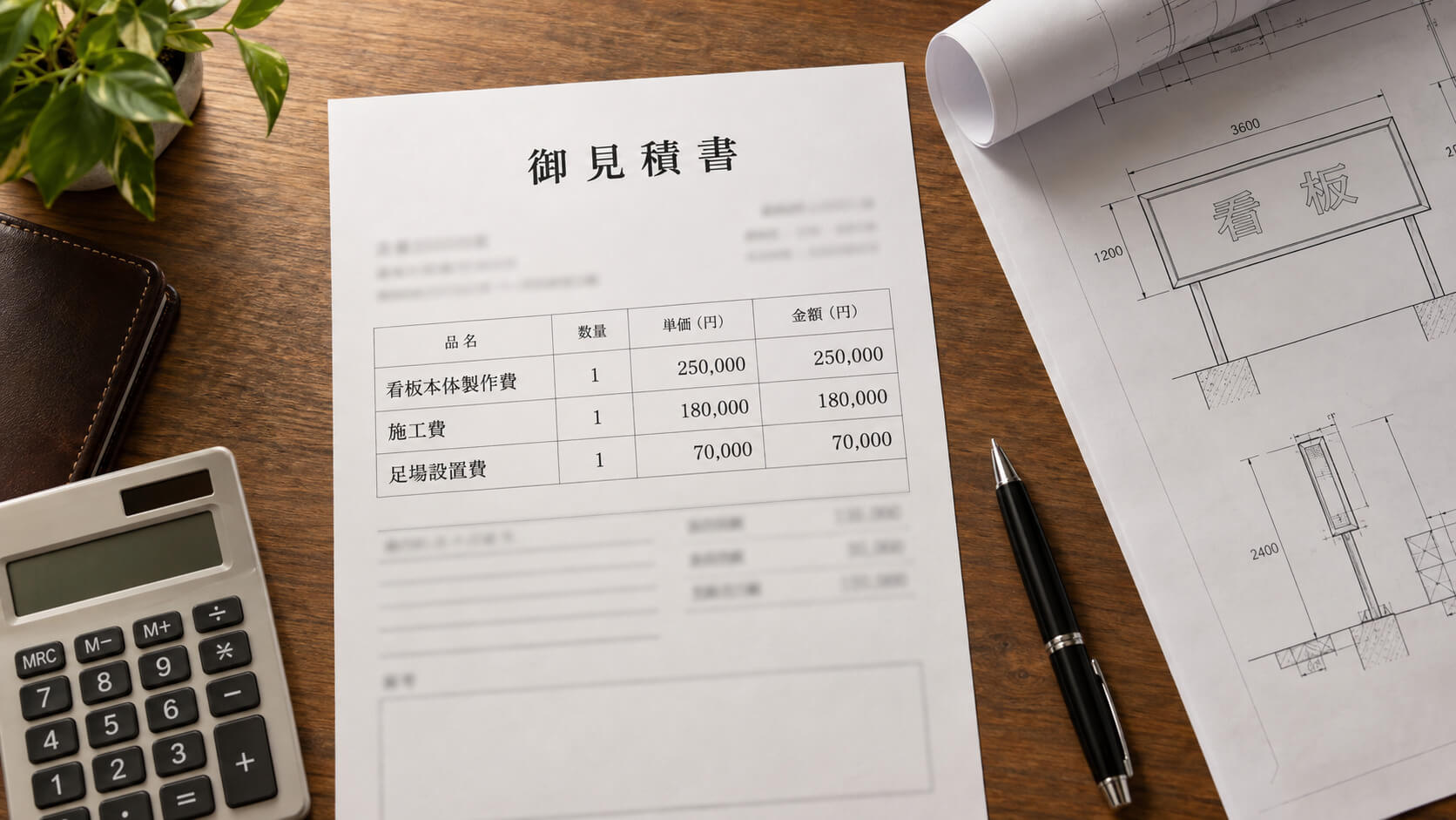 看板の見積書と図面を広げて内容を確認している様子