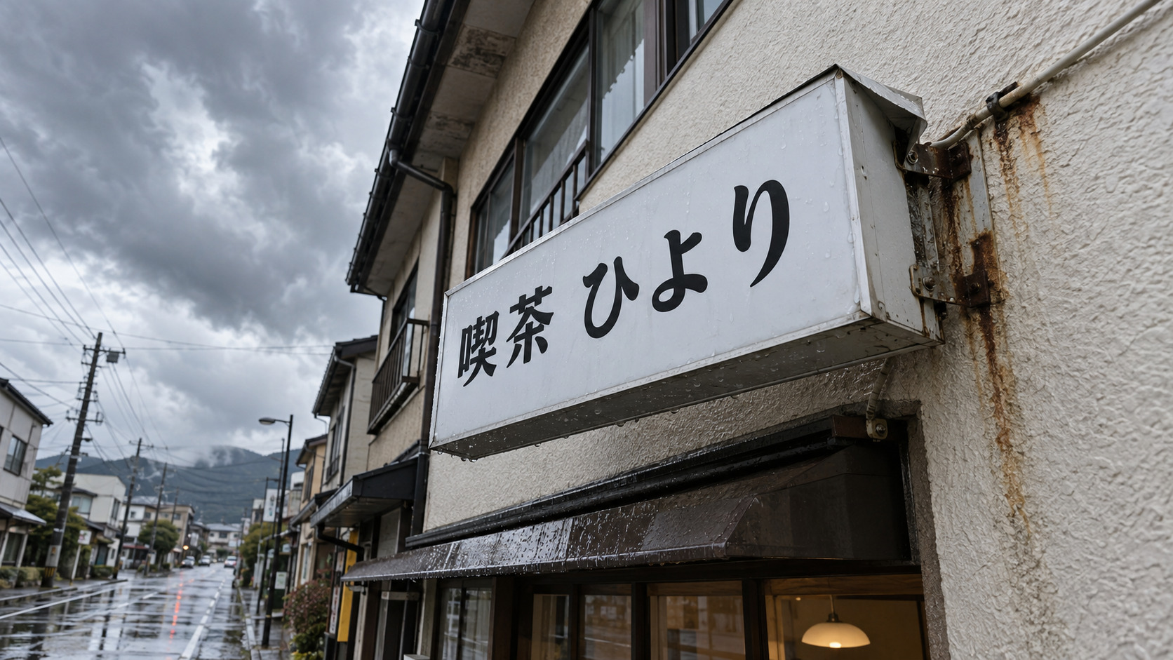 台風の強風で店舗の壁面看板がたわみ、留め具が浮いている様子