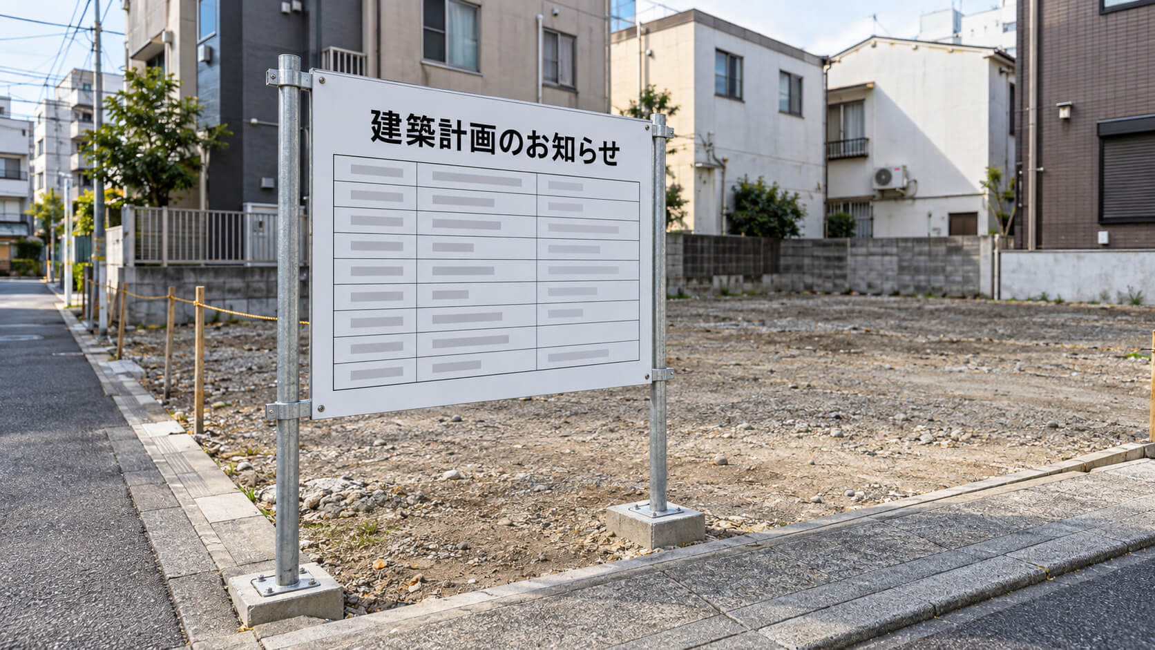 建築予定地の道路沿いに立てられた建築計画のお知らせの標識