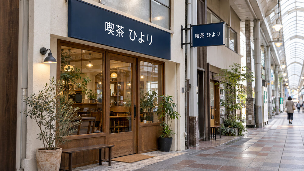 北九州市の商店街で店舗の壁面に取り付けられた看板
