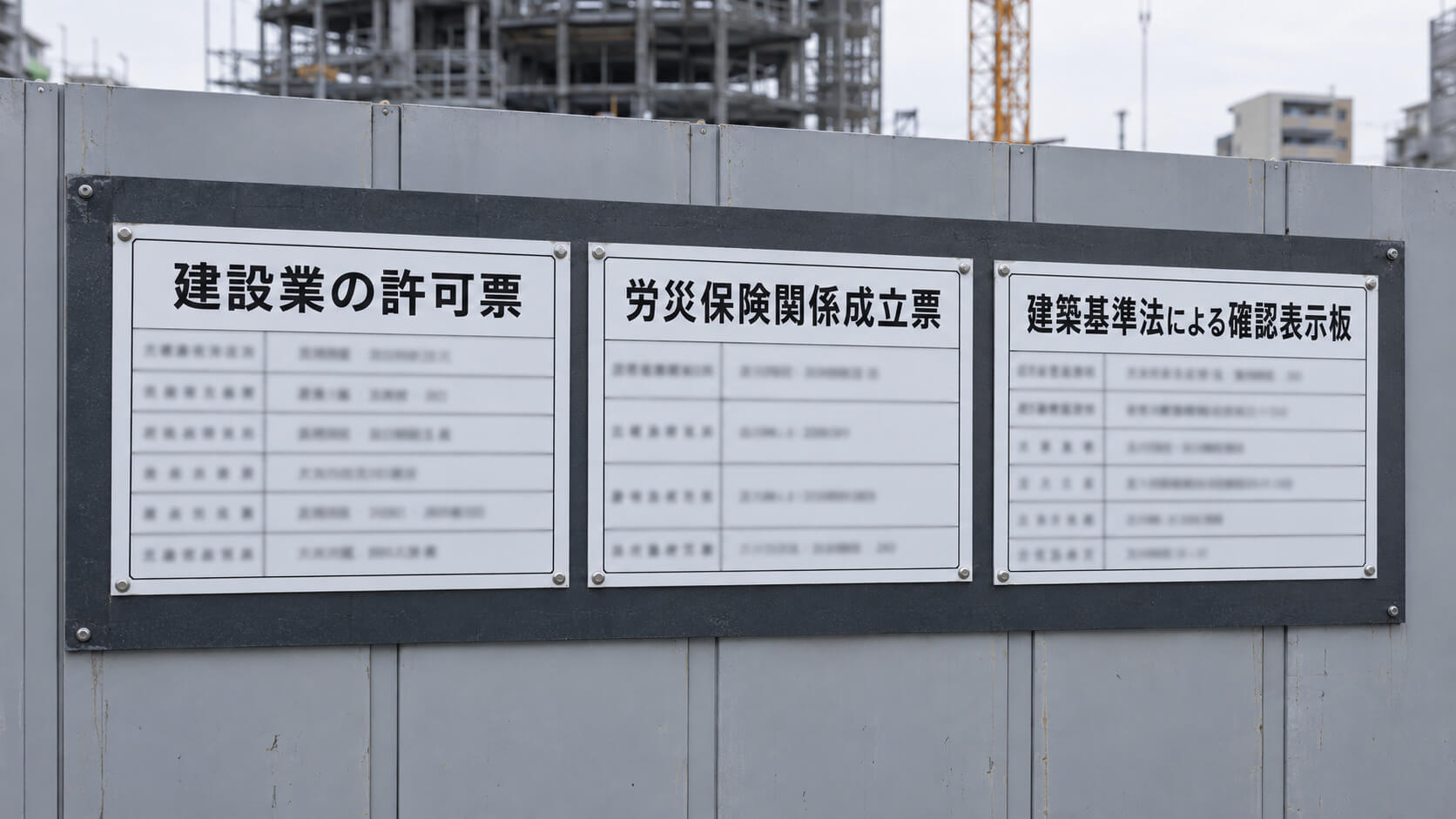 工事現場の仮囲いに並べて掲示された建設業の許可票や労災保険関係成立票などの標識