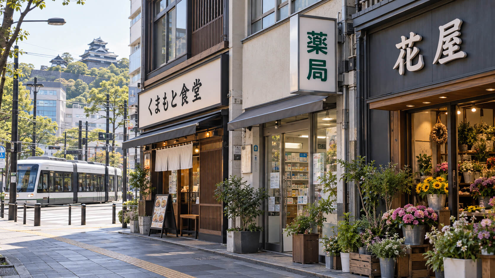 熊本市の中心市街地に並ぶ店舗の看板と路面電車