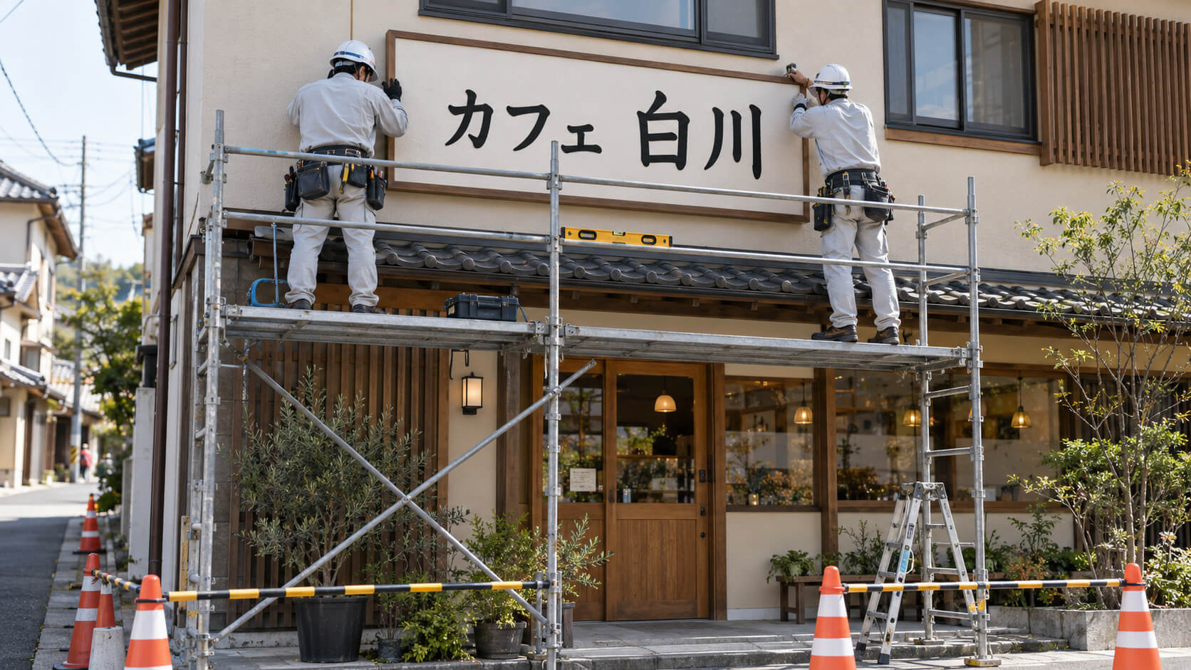店舗の外壁に壁面看板を取り付ける施工スタッフ