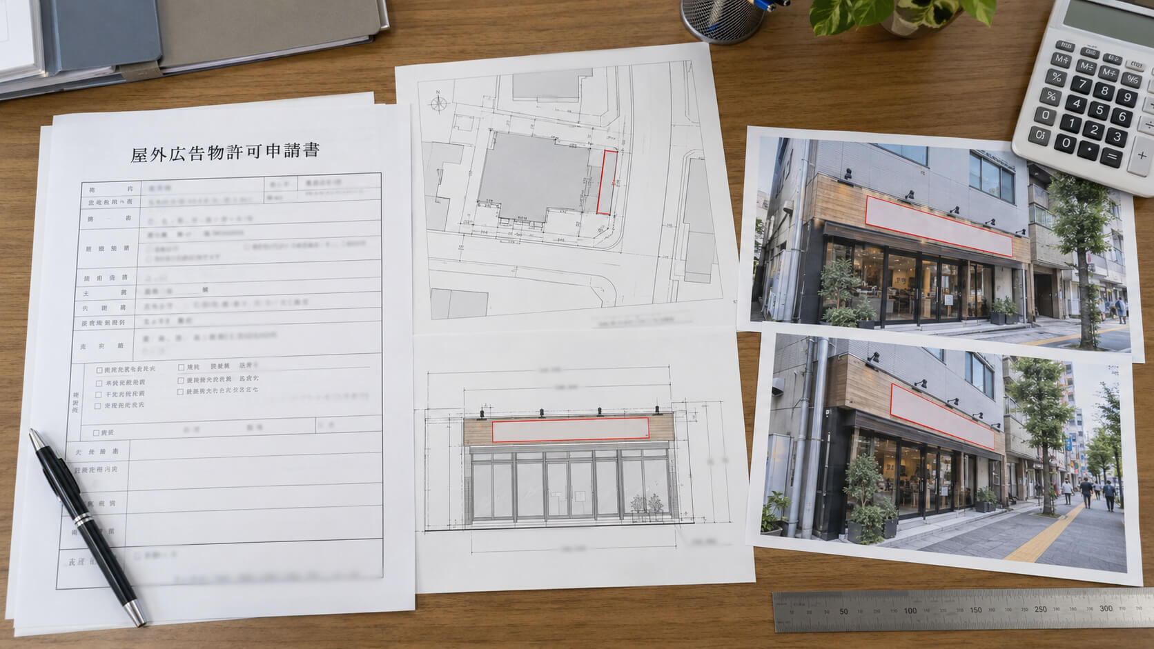 机の上に並べた屋外広告物の許可申請書と配置図、看板の図面