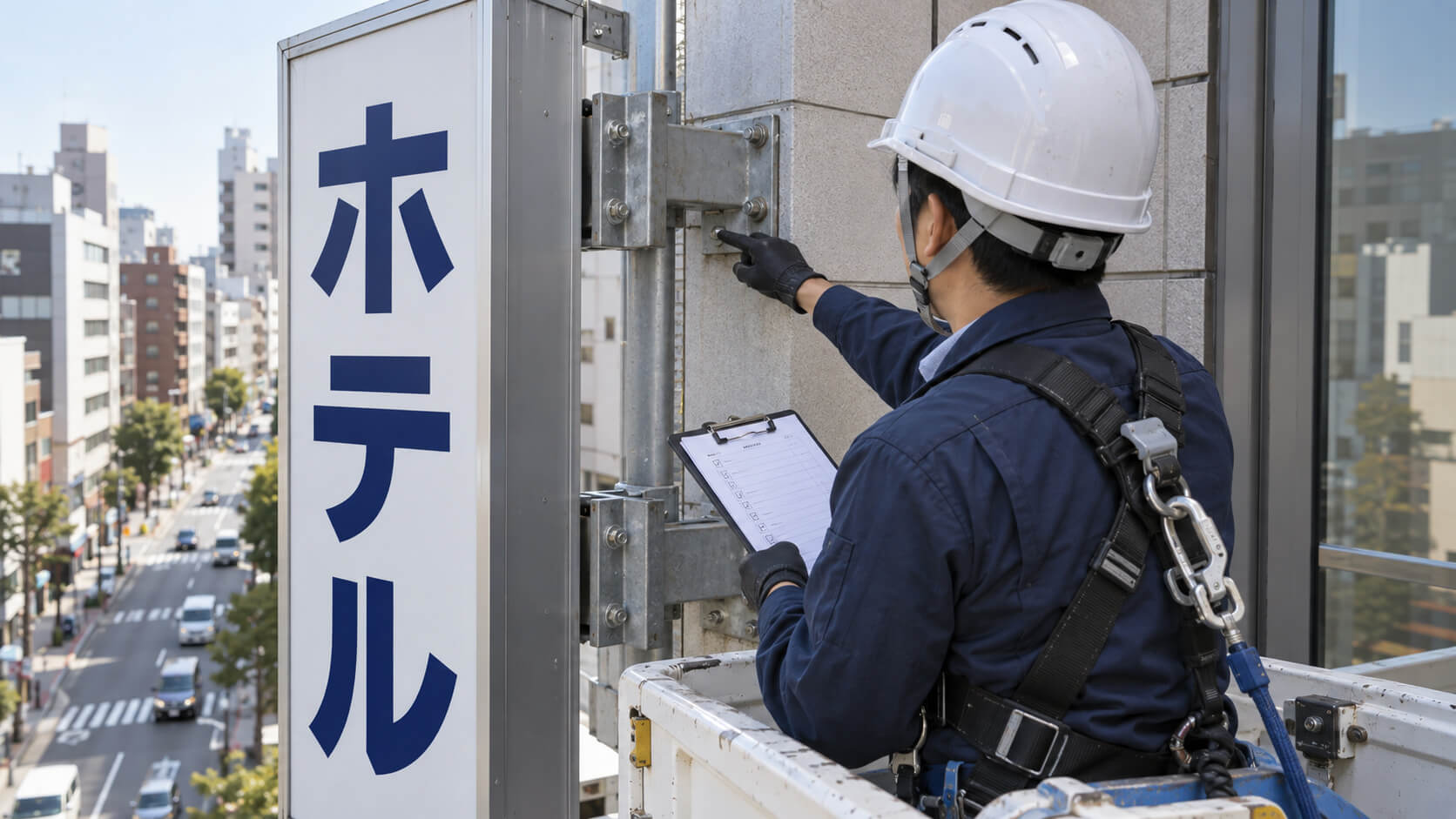 高所作業車から袖看板の取付金具を点検する作業員