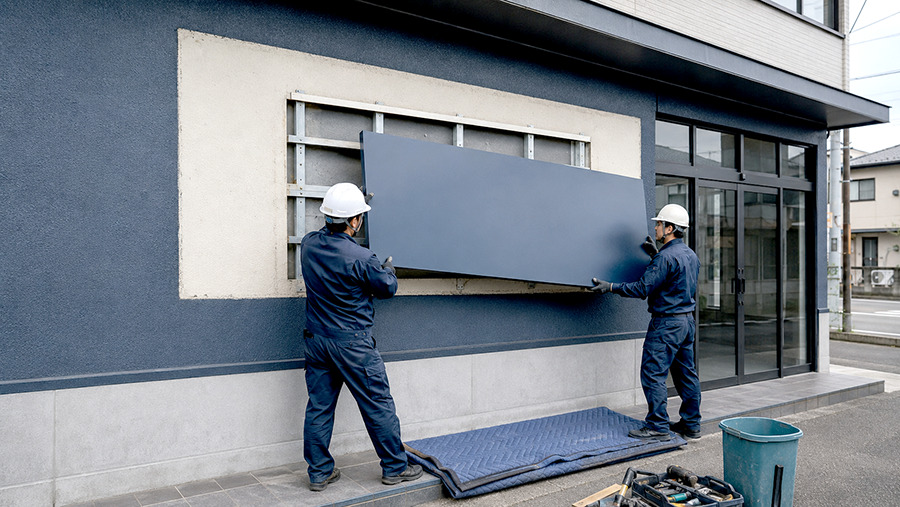 高所作業車を使った看板撤去作業