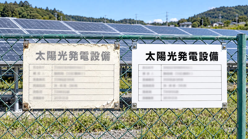 色あせて文字が読みにくくなった標識と、新しく作り直した標識の比較