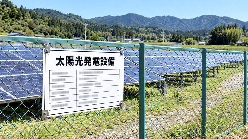 太陽光発電所の金網フェンスに取り付けられた標識