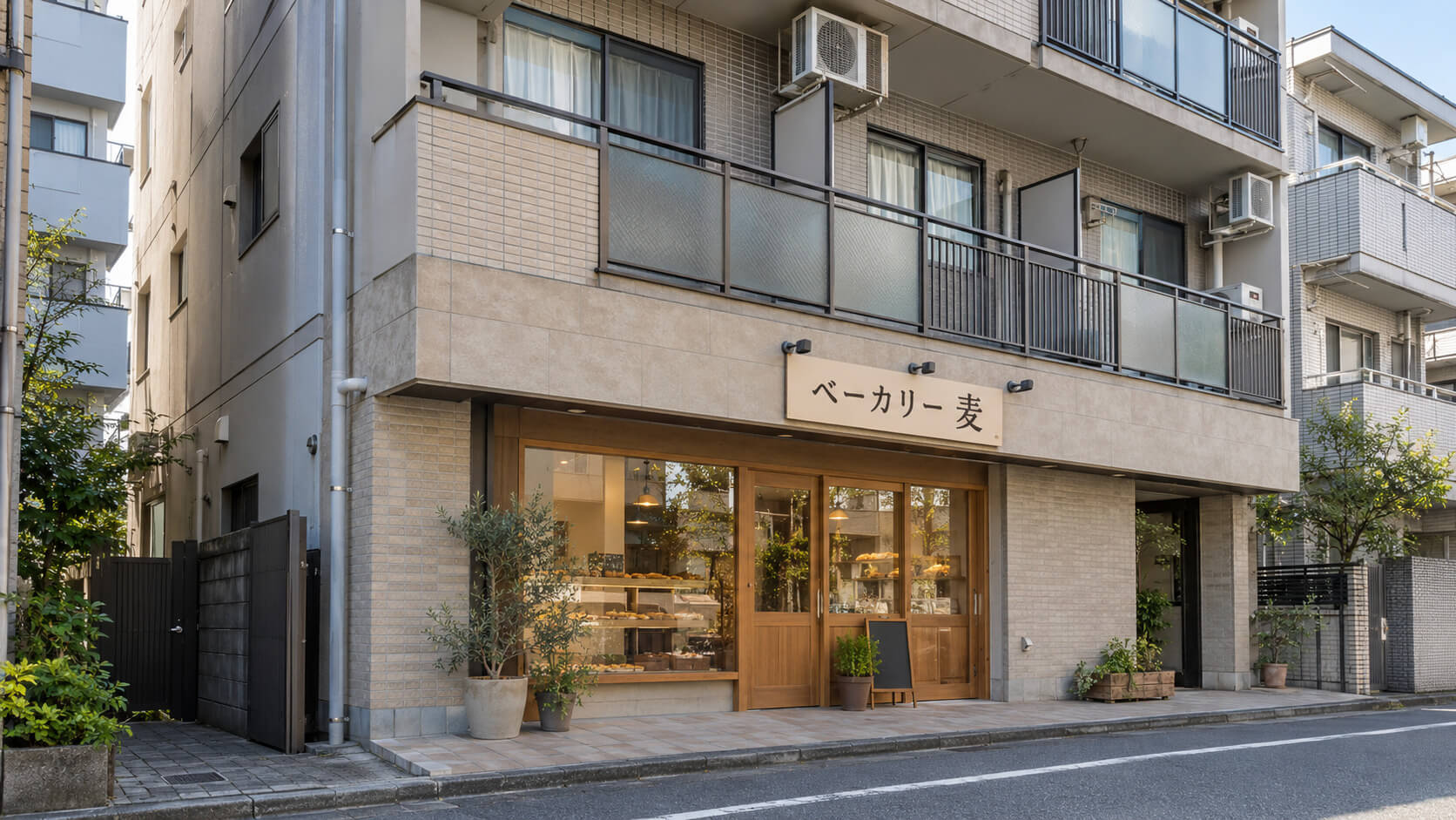 マンションの1階に入る店舗の外壁に取り付けられた看板と、上階の住戸の窓