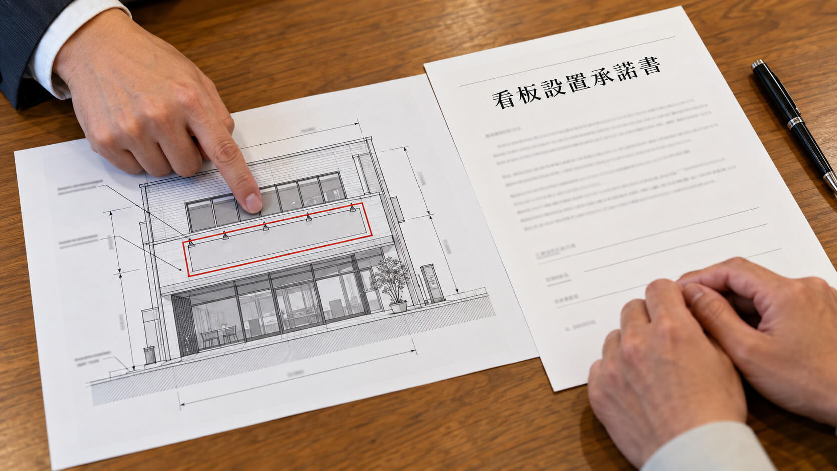 看板の取り付け位置を示した図面と承諾書を机の上で確認している様子