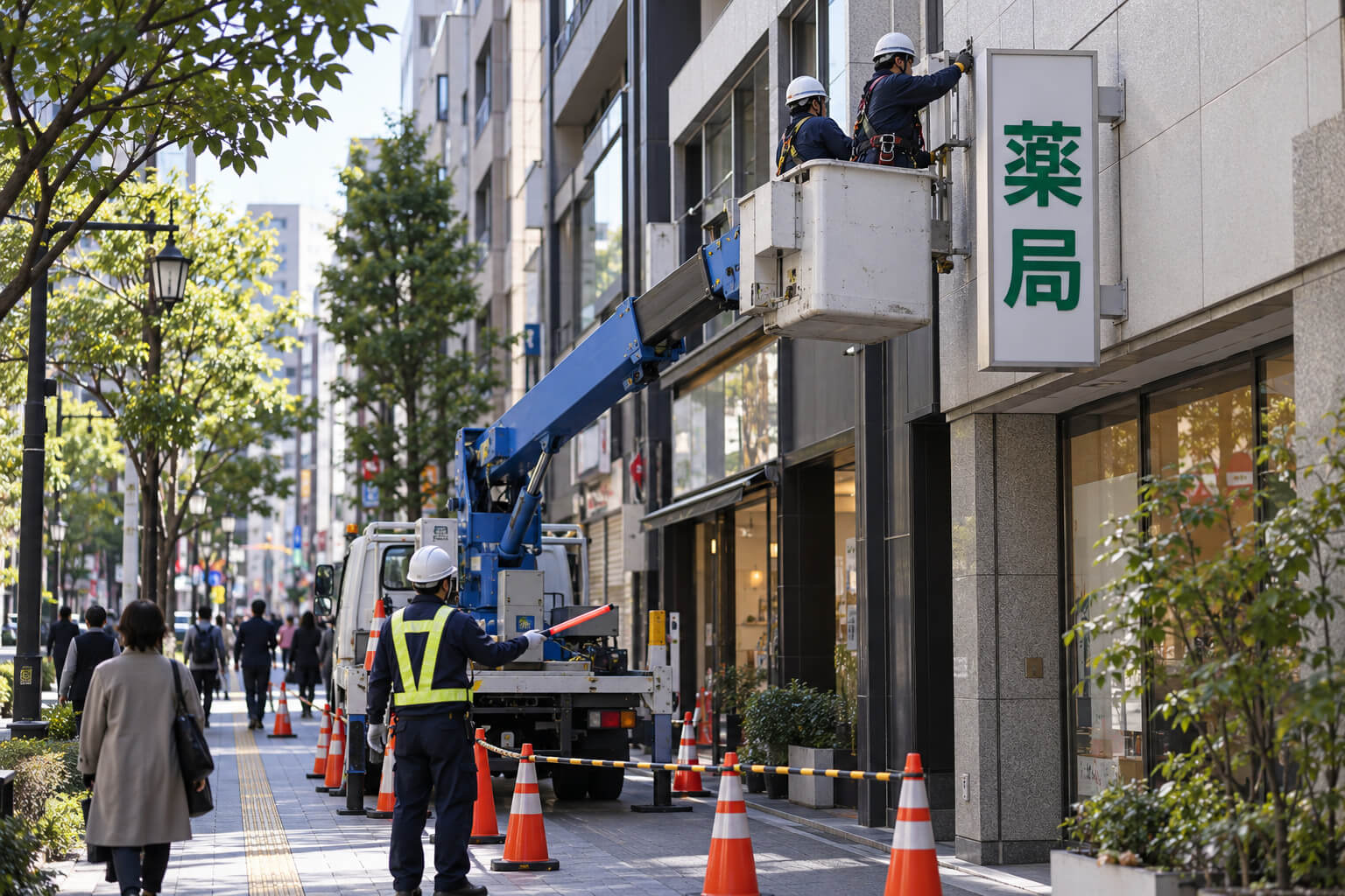 交通誘導員とカラーコーンを配置して袖看板を取り付ける高所作業車