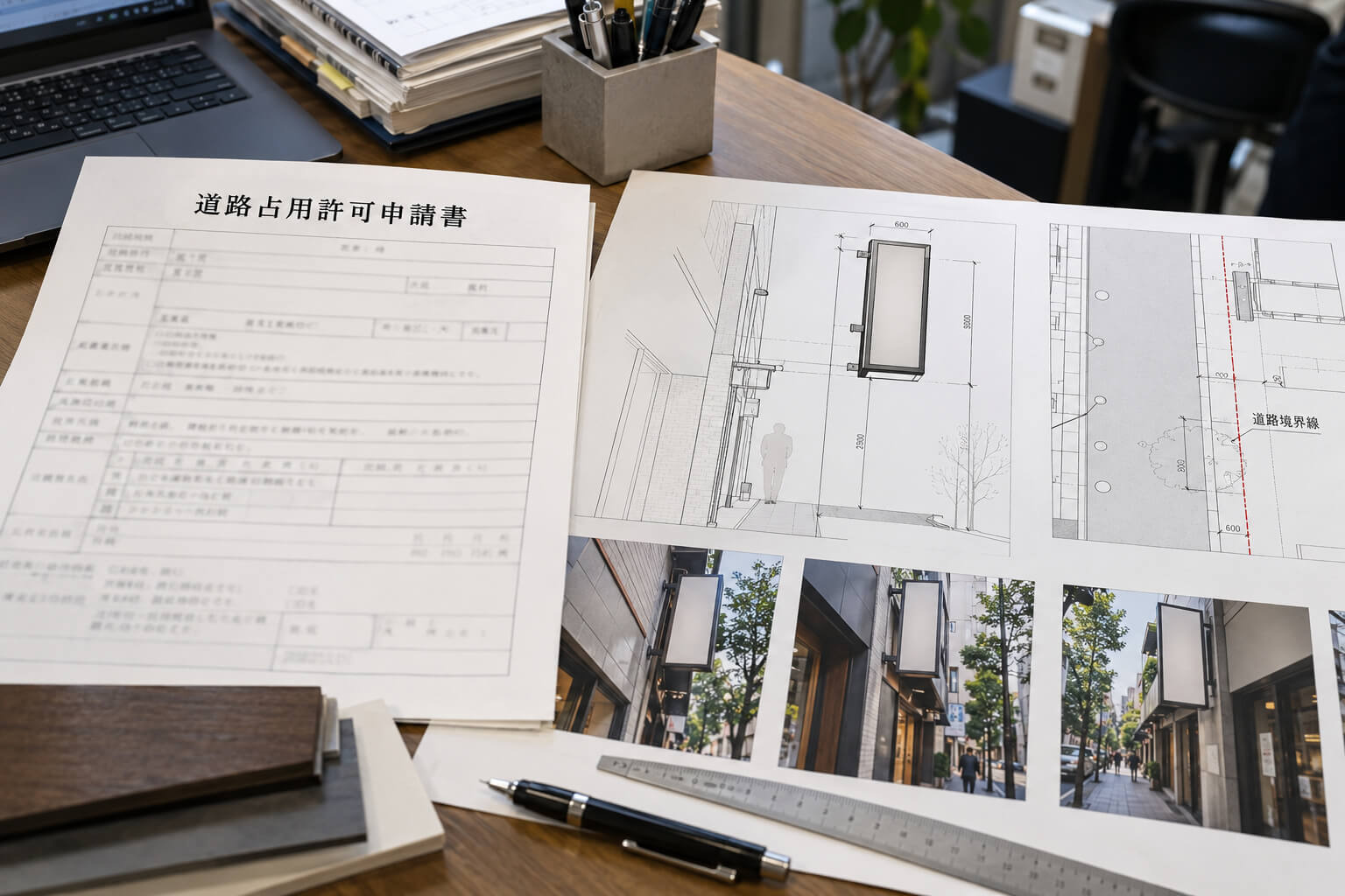 道路占用許可申請書と看板の断面図・平面図を並べた机