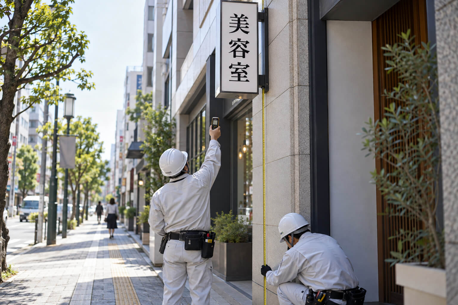 歩道から袖看板の下端までの高さを測る作業員