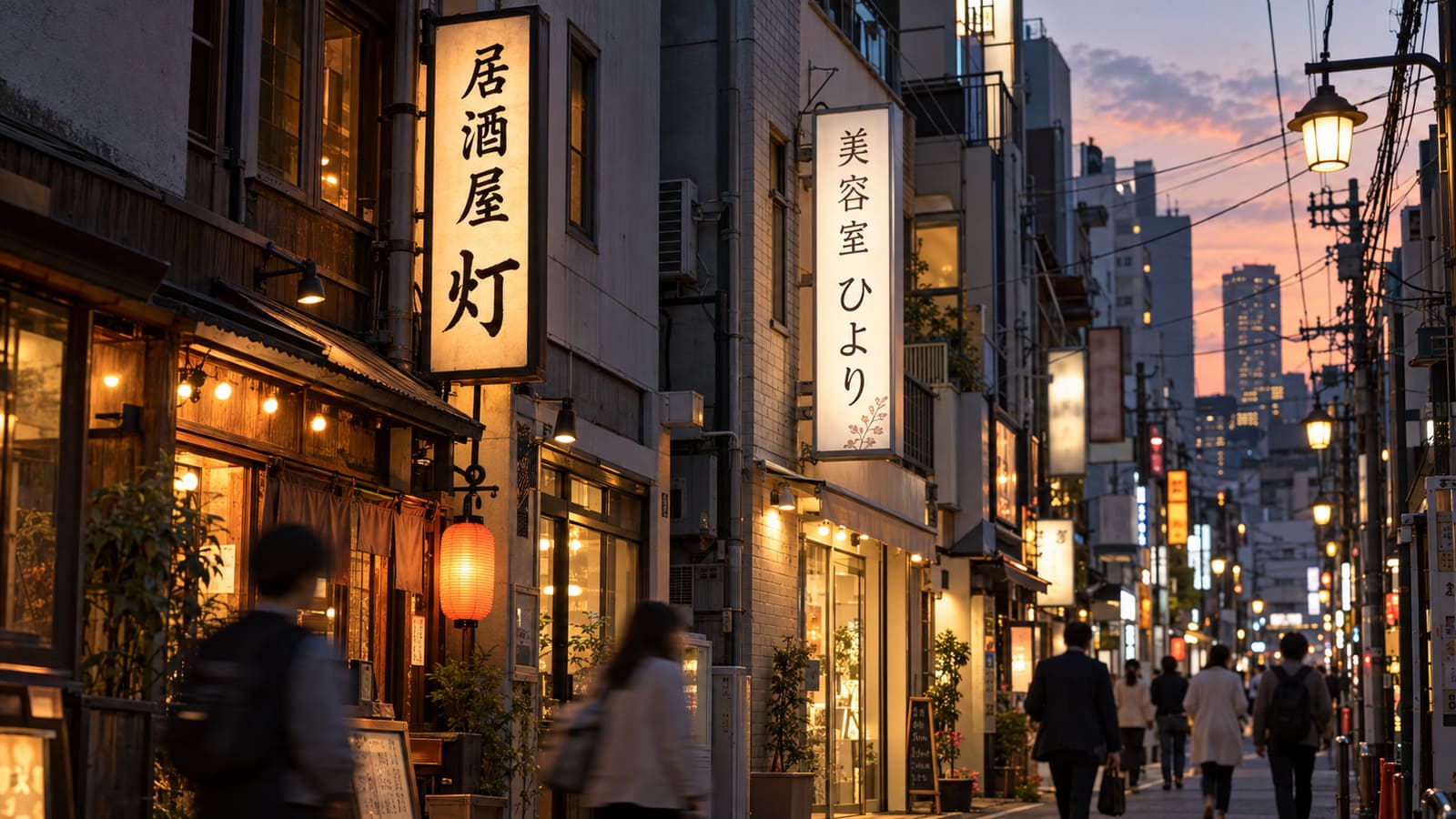 都心のビルの外壁に並ぶ縦長の看板