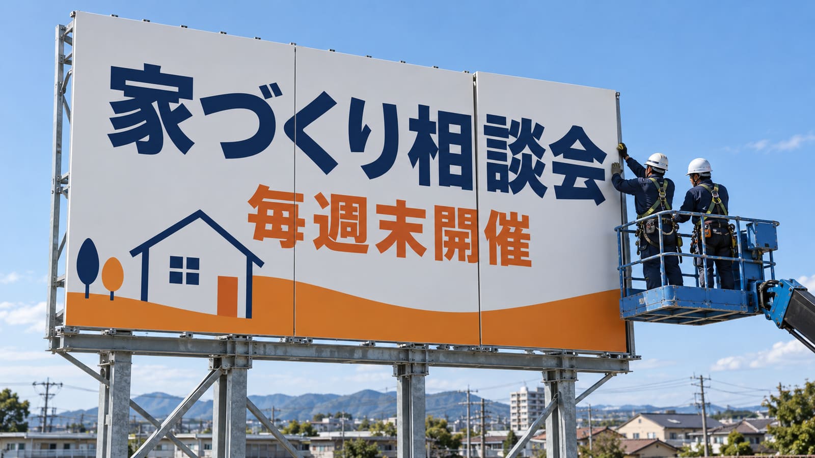 3枚の板をつないだ野立て看板の取り付け