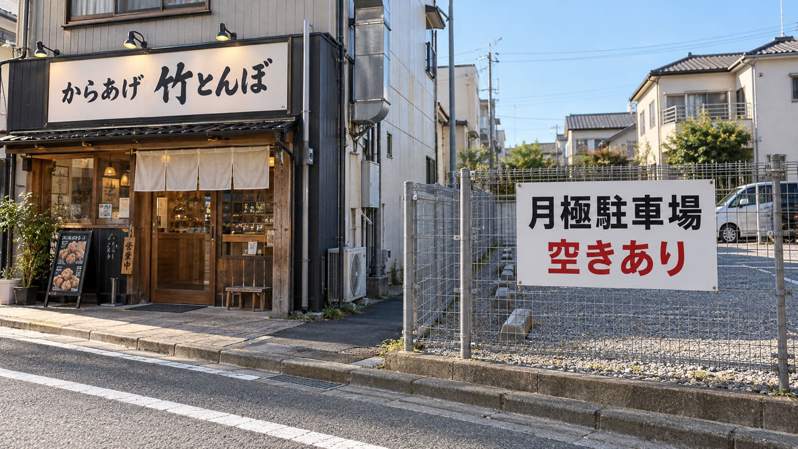 商店街の壁面看板とフェンスのアルミ複合板看板
