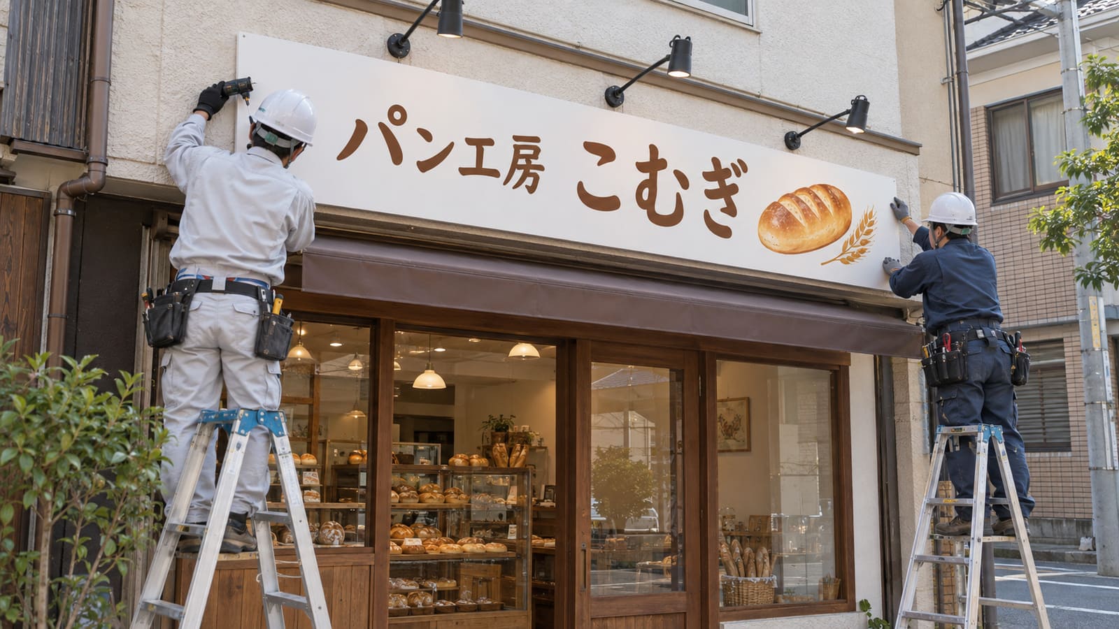 店舗の外壁にアルミ複合板の看板を取り付ける施工スタッフ