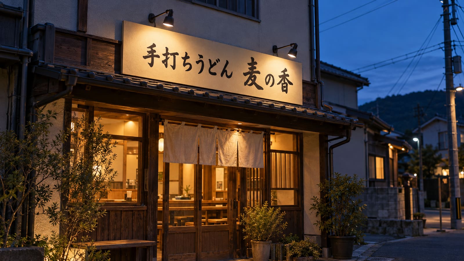夕暮れの店舗で、アームスポットに照らされたアルミ複合板の壁面看板