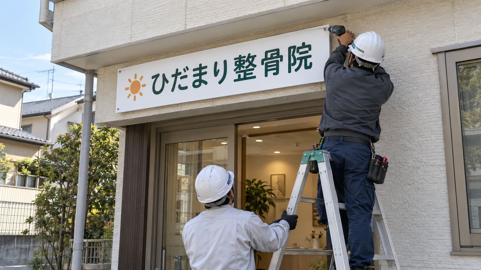 外壁にアルミ複合板の看板をビスで留める施工スタッフ