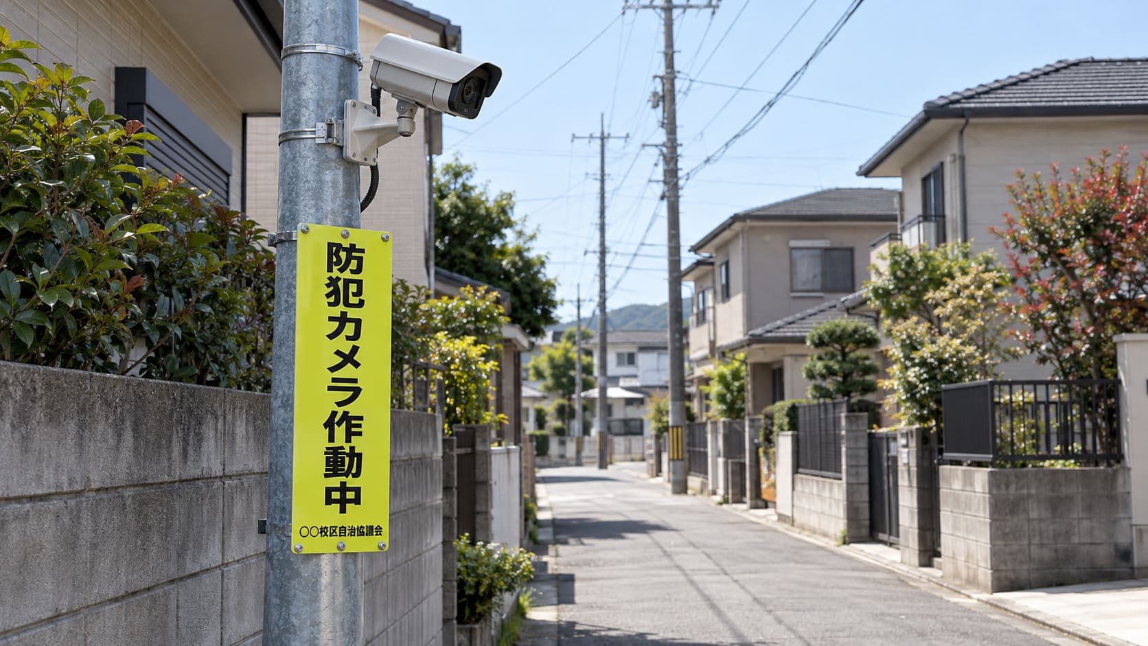 住宅街の道路沿いの支柱に付けた防犯カメラと、黄緑の地に黒い文字の防犯カメラ作動中の表示板