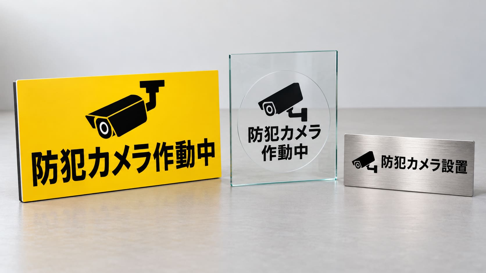 フェンス用のアルミ複合板の防犯カメラ看板、ガラスに貼るステッカー、入口用の小さなプレートを並べた写真