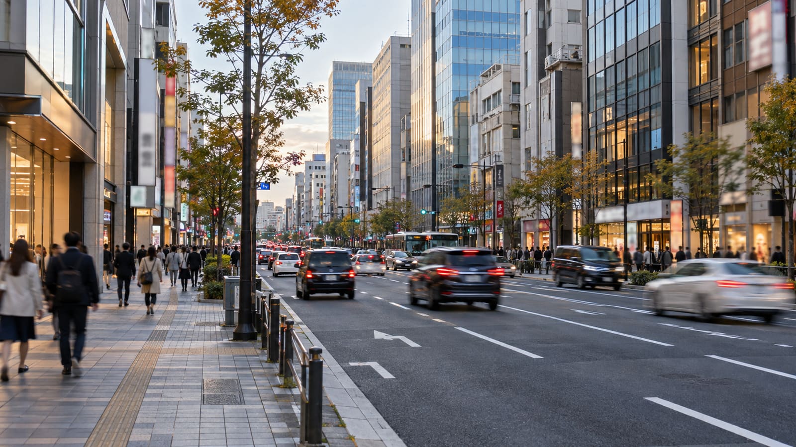 都心の大通り沿いに高層の商業ビルが並び、外壁に看板が付いている街並み