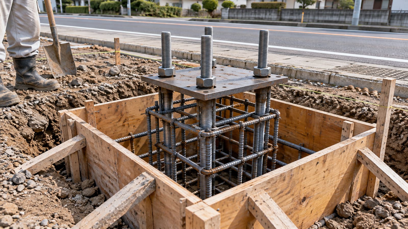 自立看板の基礎工事で、型枠の中に並んだアンカーボルトと鉄筋