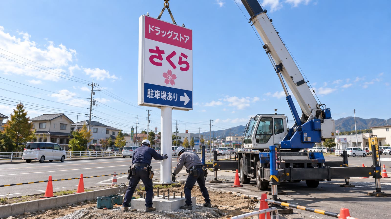 道路沿いの敷地で、大型の自立看板の支柱をクレーンで立てる施工スタッフ