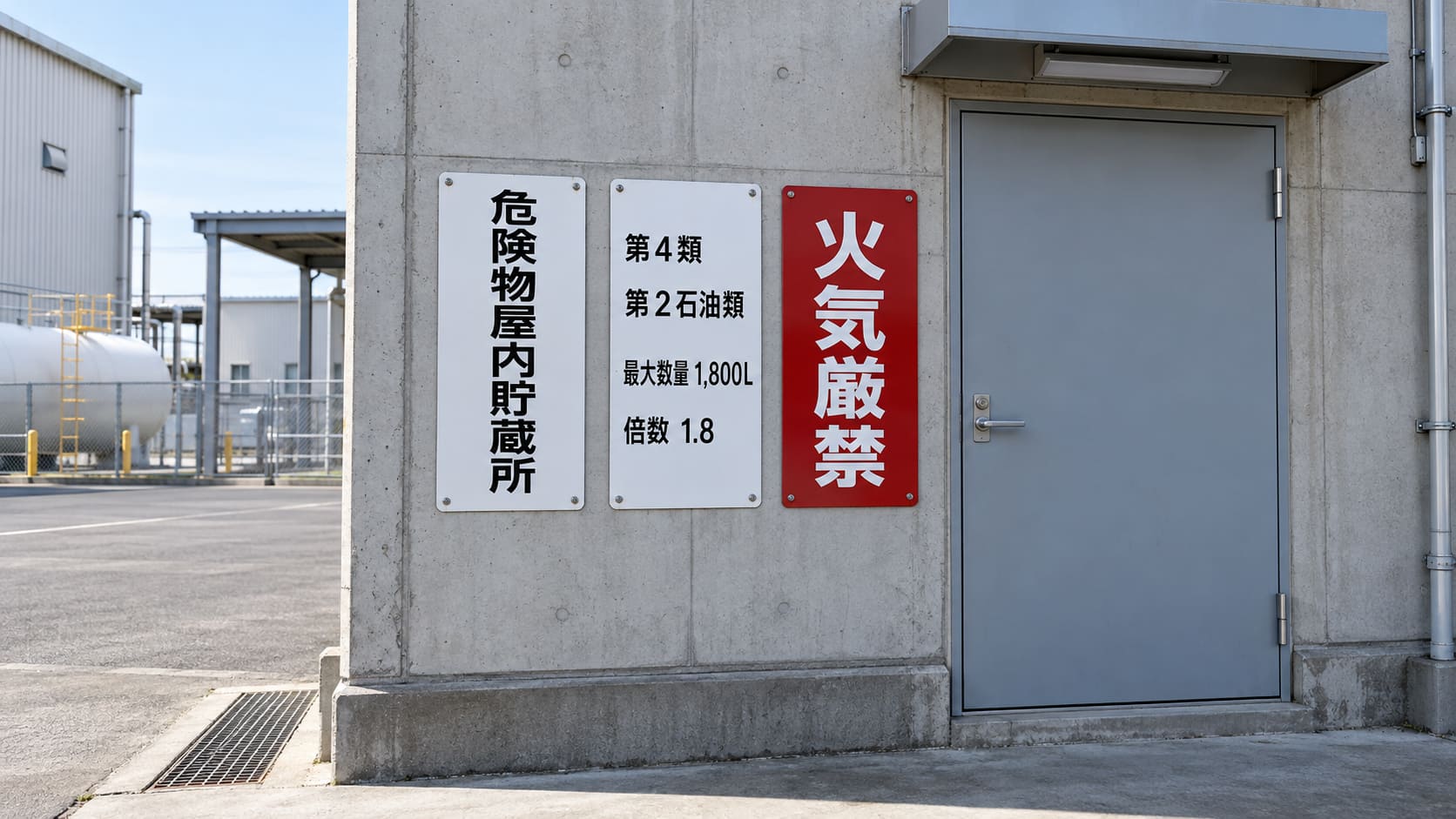 倉庫の入口の横に並べて付けた、白地に黒文字の危険物の標識と掲示板、赤地に白文字の火気厳禁の掲示板