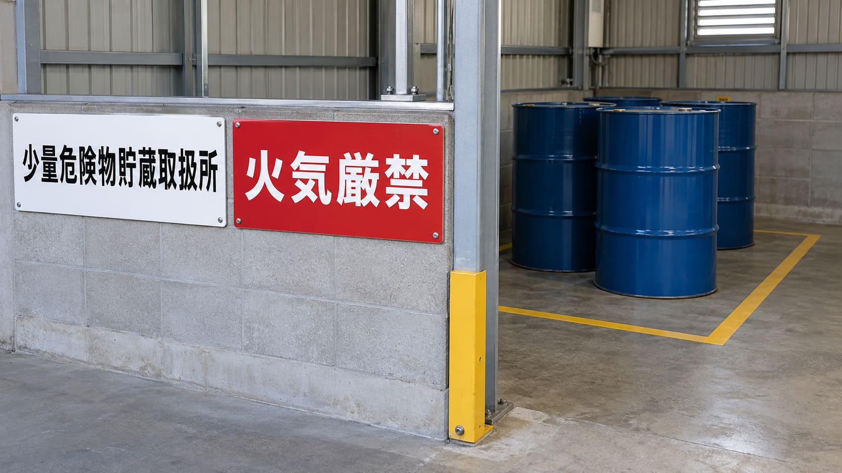 工場の一角のドラム缶置き場の入口に付けた、少量危険物貯蔵取扱所の標識と火気厳禁の掲示板