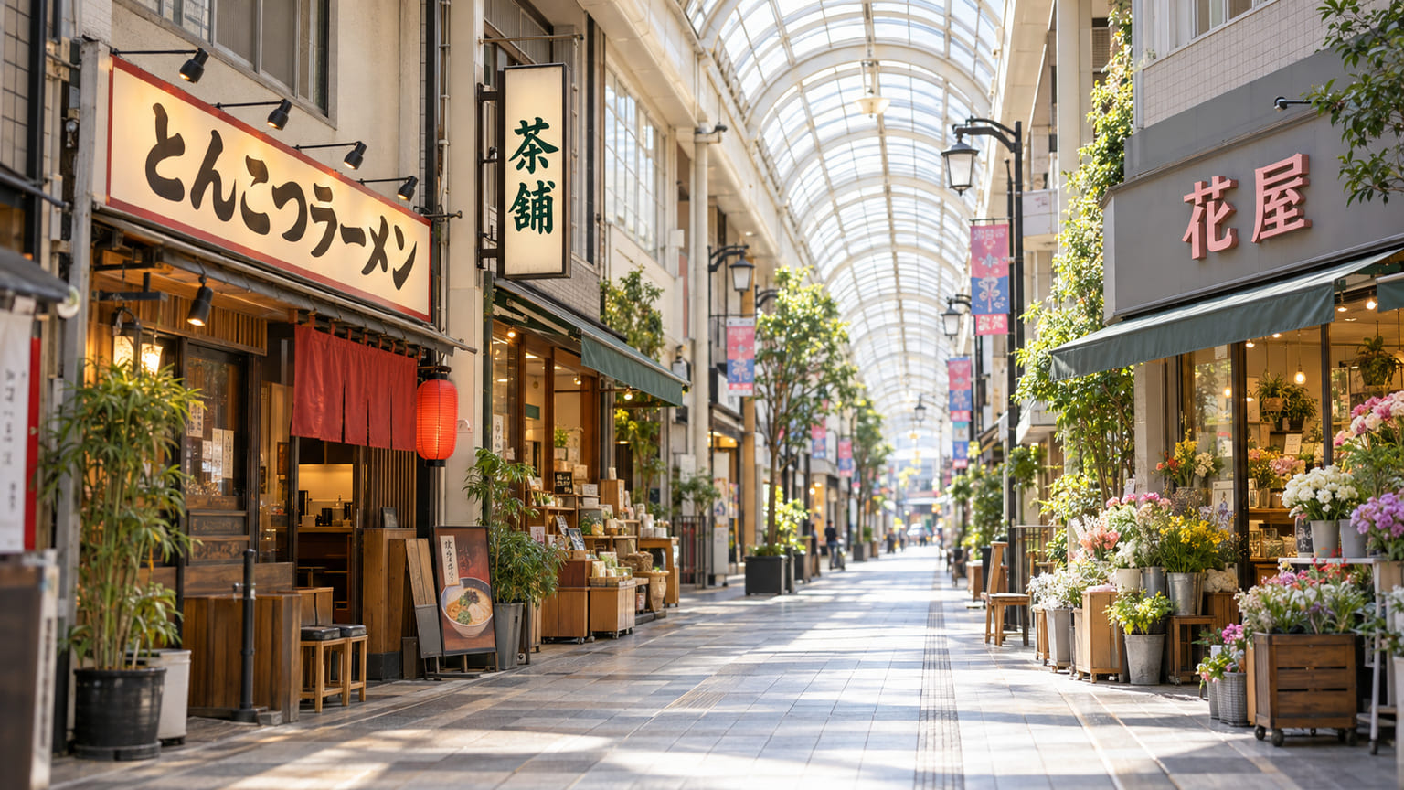地方都市の商店街に並ぶ店舗の壁面看板や突き出し看板