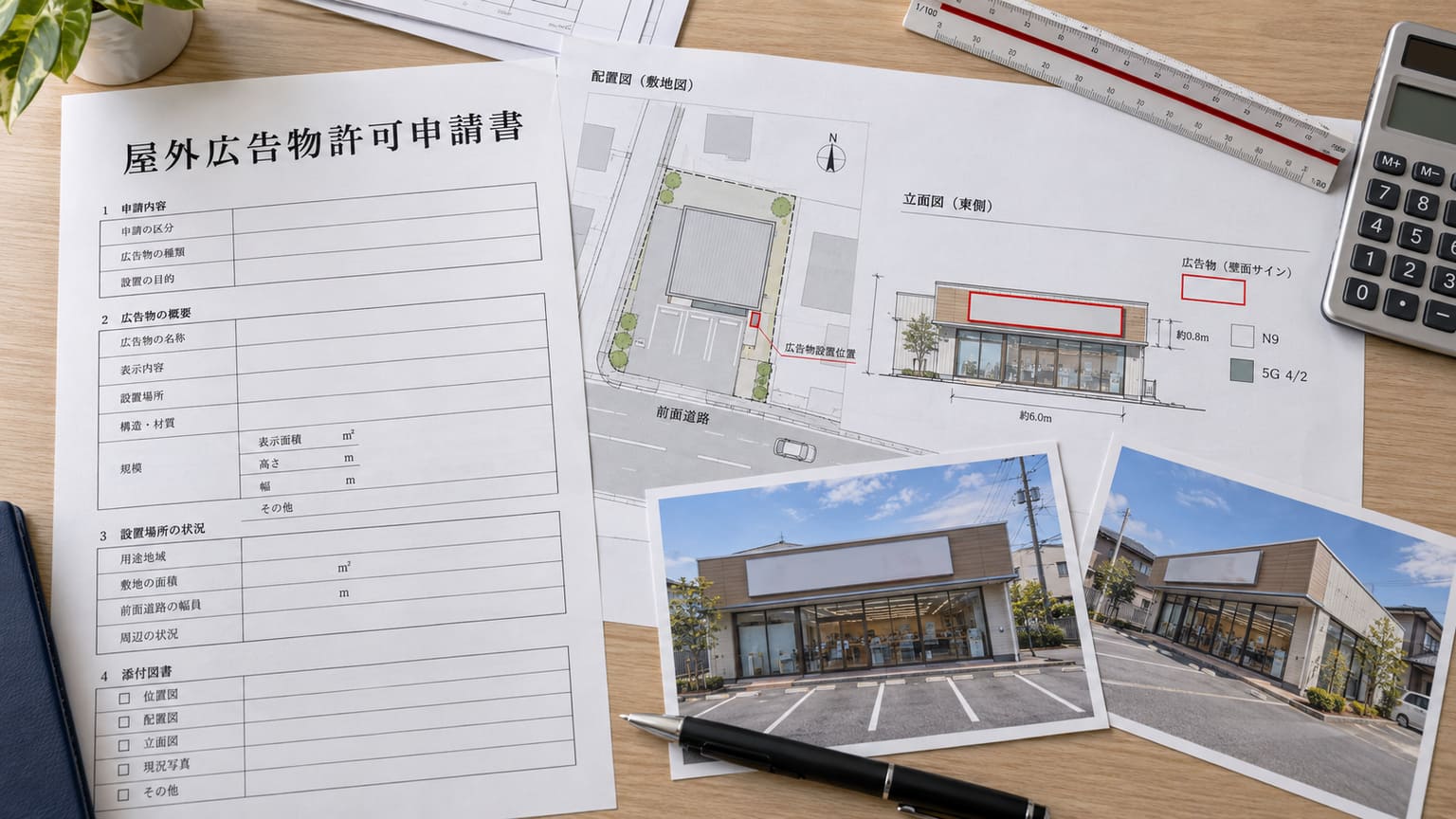 机の上に並べた屋外広告物許可申請書、看板の仕様図、配置図と店舗の写真