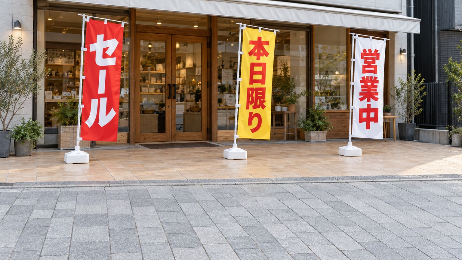 店の敷地と歩道の境目より内側に、注水式の台で立てたのぼり旗が並んでいる店先