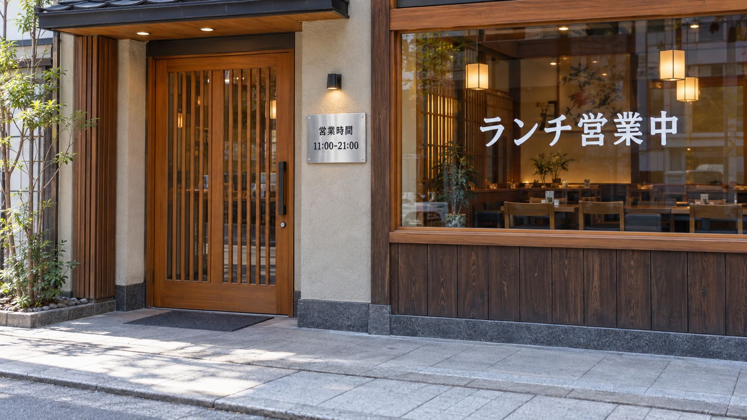 スタンド看板の代わりに、店の外壁のプレート看板とガラス面のウィンドウサインで営業時間を案内している店先
