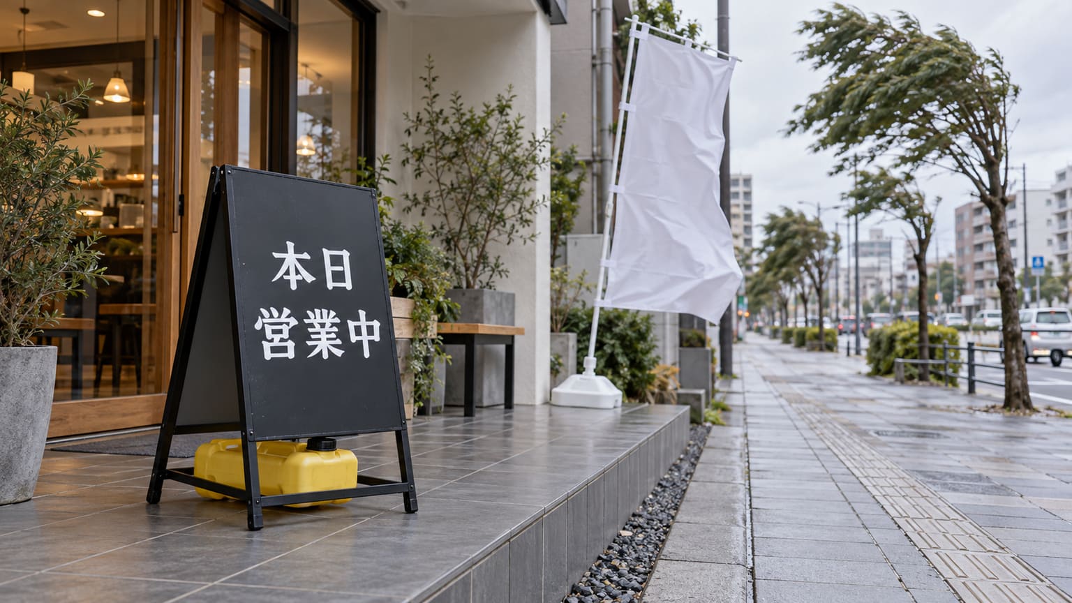 風の強い日、店の敷地内に置かれた注水タンク付きのスタンド看板