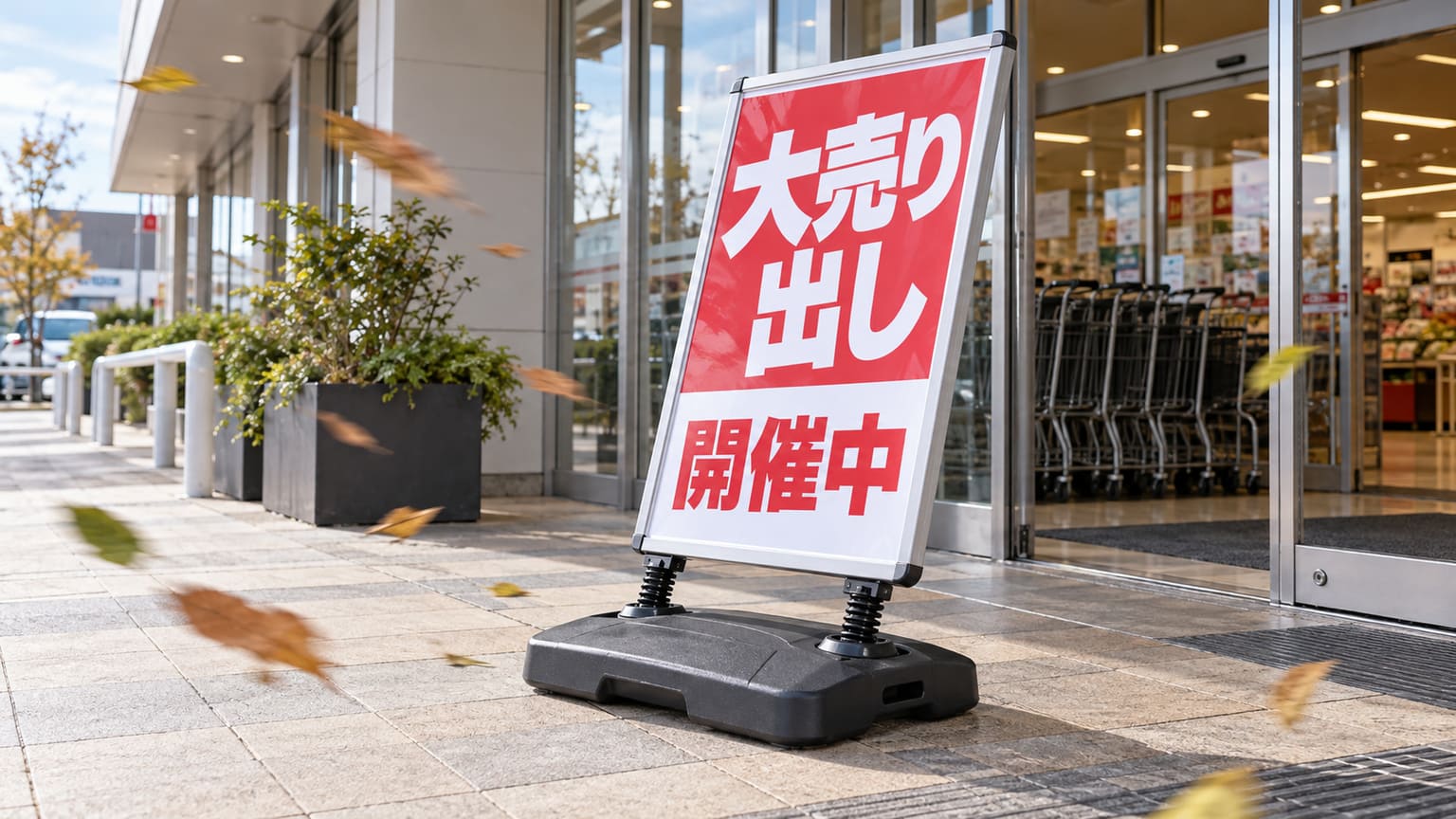 強い風を受けて面が後ろに傾き、風を受け流しているスイング式のスタンド看板