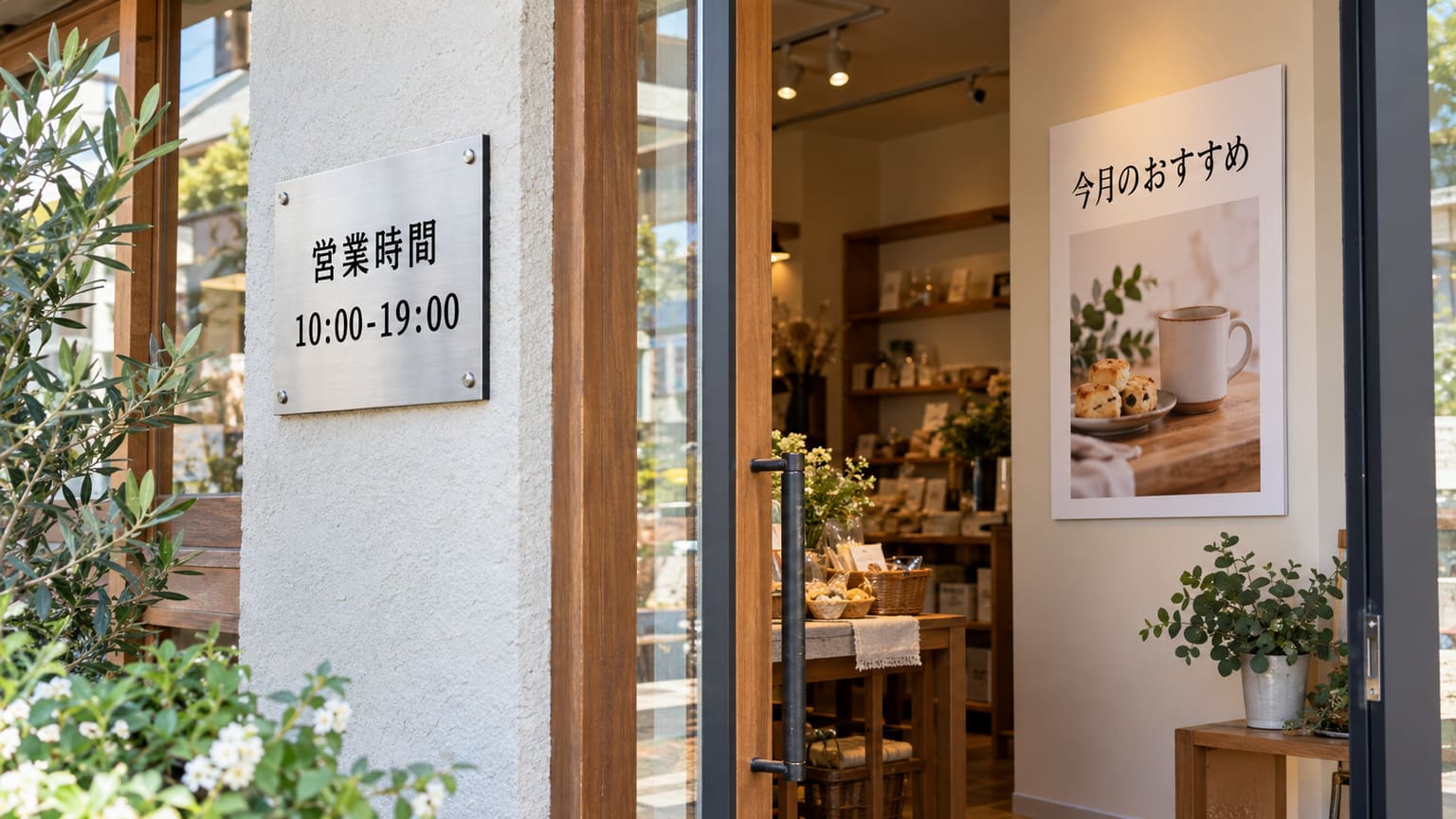 店の外壁に付けたアルミ複合板のプレート看板と、店内の壁に貼ったスチレンボードのパネルを並べた店舗