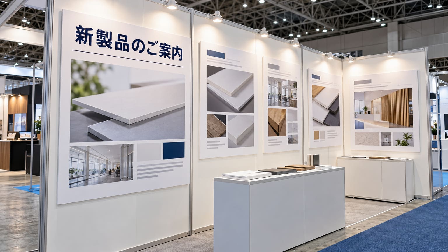 展示会のブースの壁に、写真と説明を印刷したスチレンボードのパネルが並んでいる様子